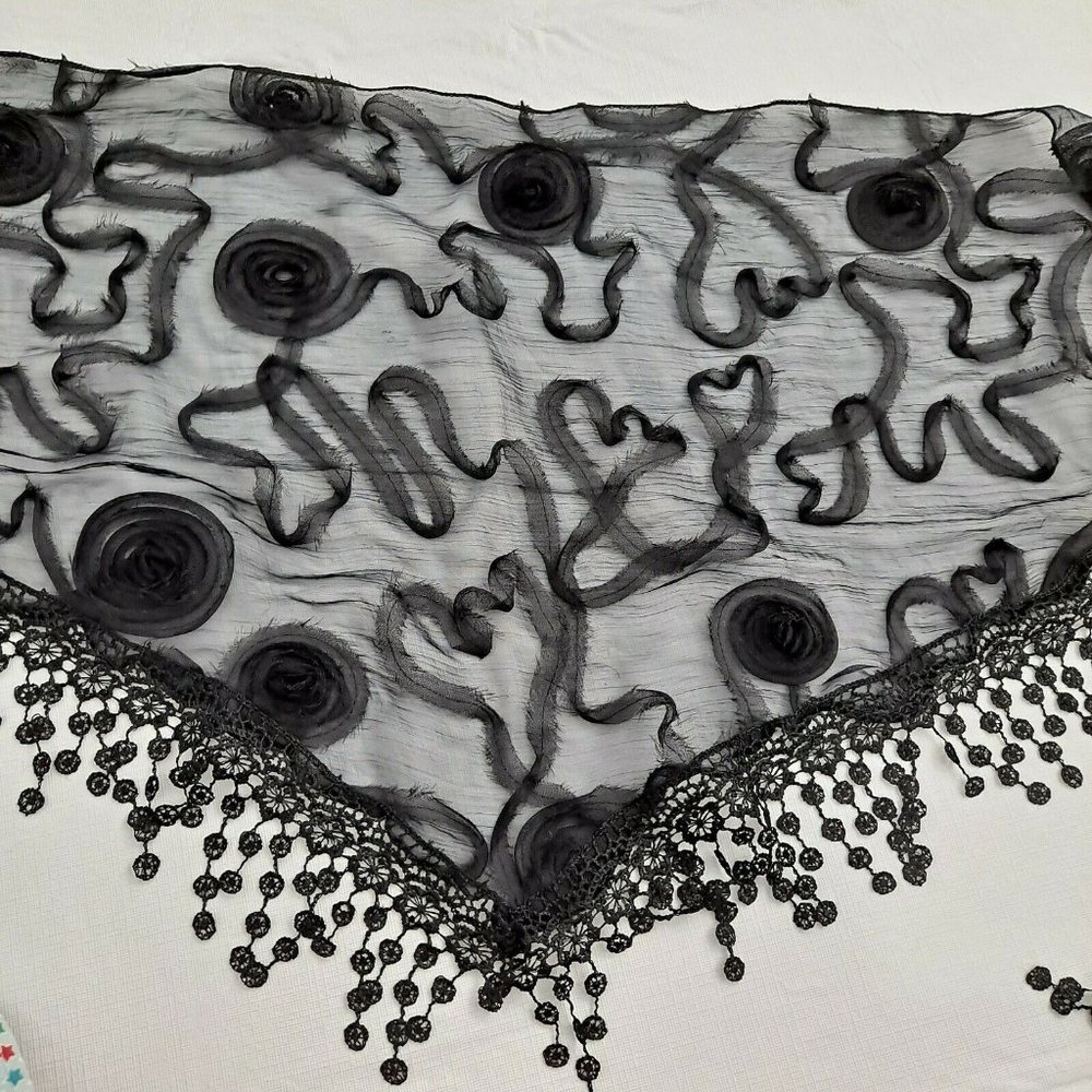 Shawl Sheer Tassel Black Swirl Ribbon Shoulder Cover Triangle 18x74 - Picture 6 of 7